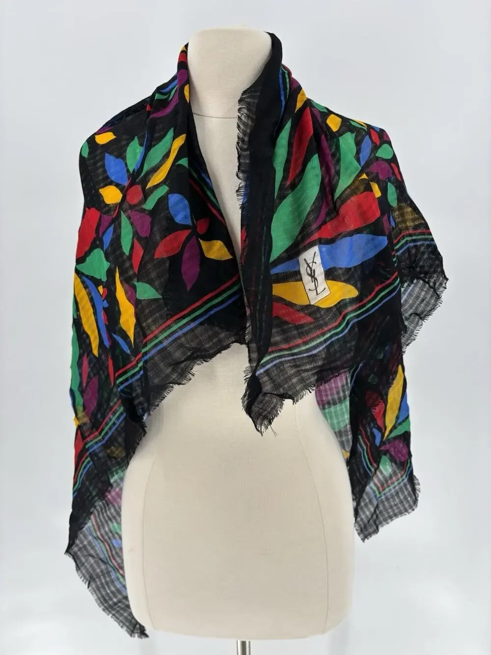 YSL Vintage Scarf Shawl Womens Black Multicolor Floral Fringe Sheer Wool Logo
